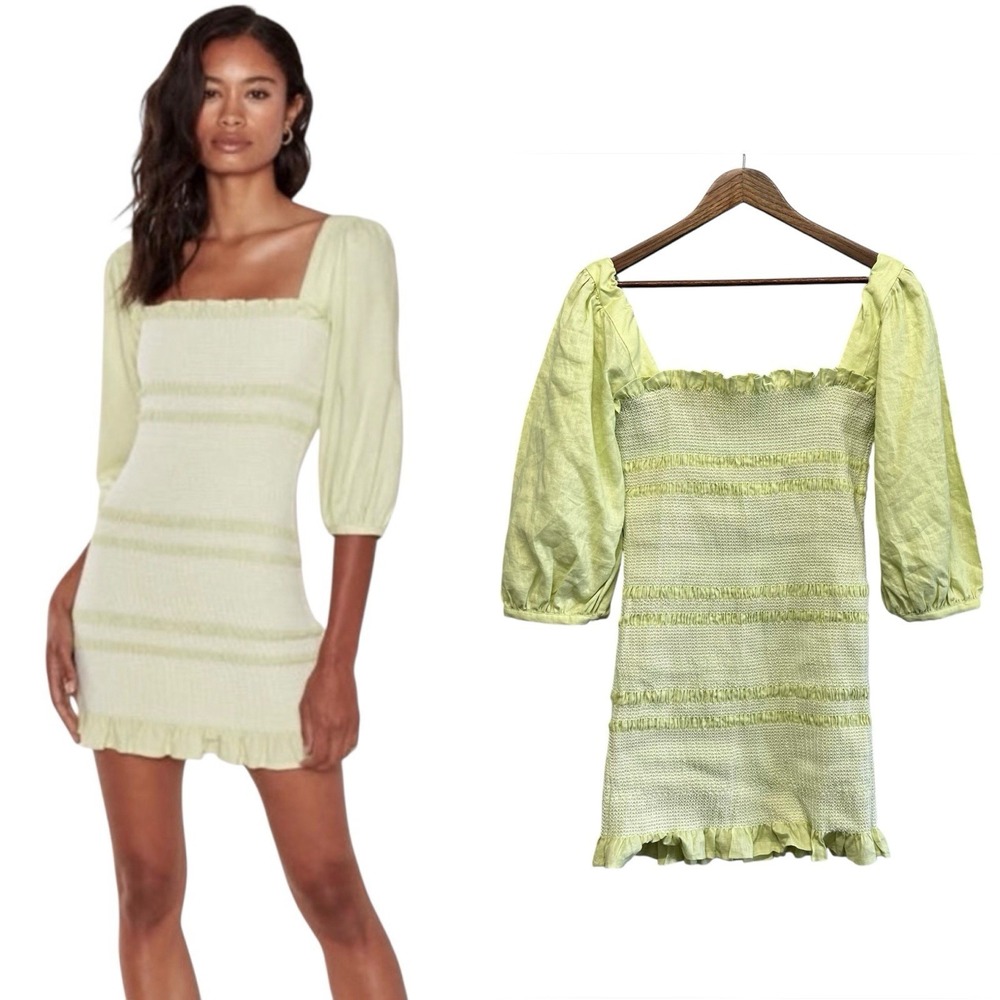 Capulet Womens Mini Dress Size L Stretch Smocked Ruched Ruffle Square Neck Linen